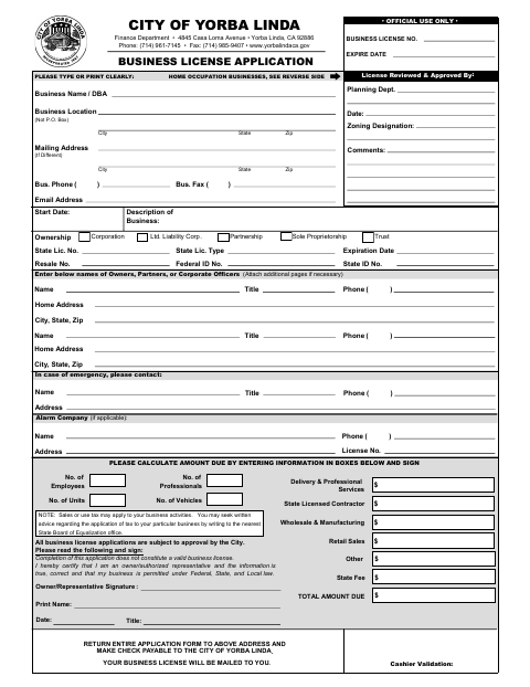First page of the Business License Application