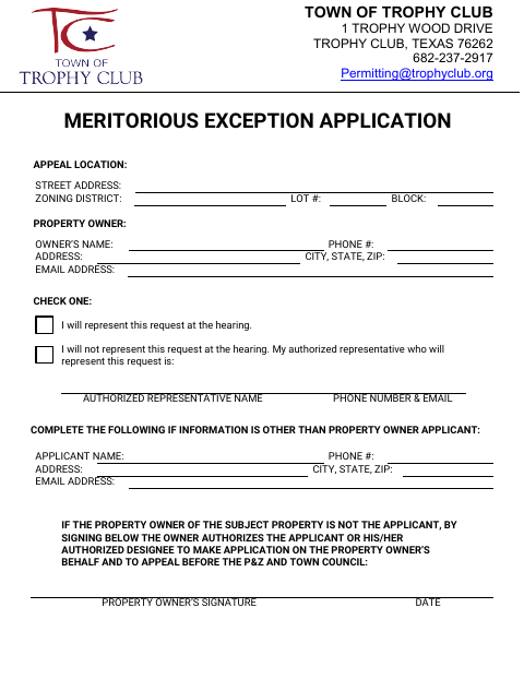 First page of the Meritorious Exception Application