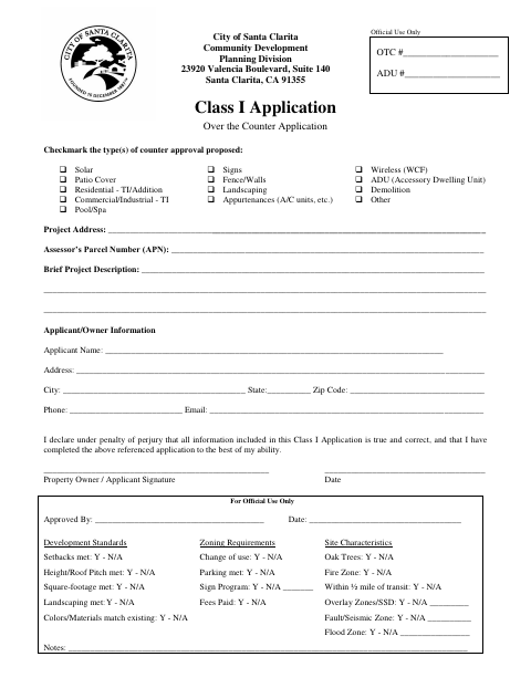 First page of the Class I Over the Counter Application
