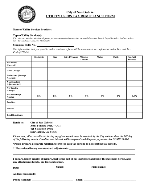 First page of the Utility Users Tax Remittance Form