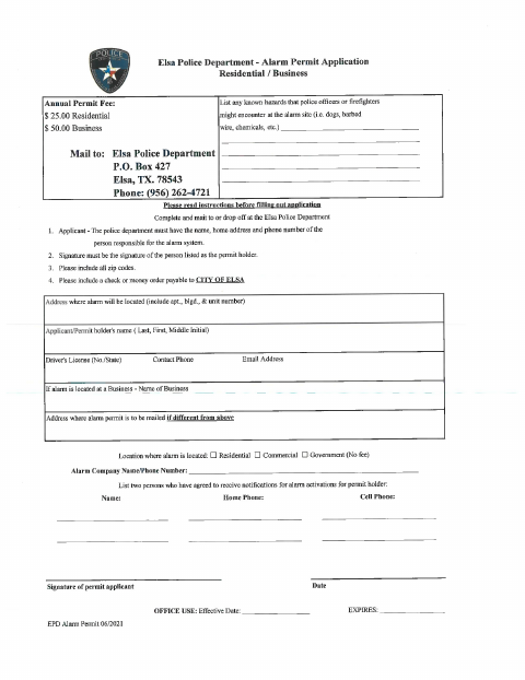 First page of the Alarm Permit Application