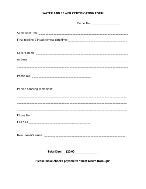 First page of the Water and Sewer Certification Form