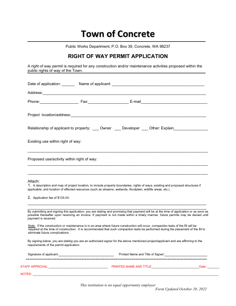 First page of the Right of Way Permit Application