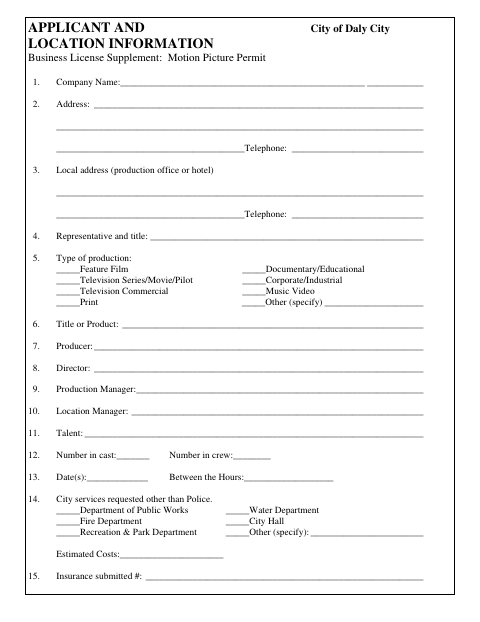 First page of the Business License Supplement: Motion Picture Permit