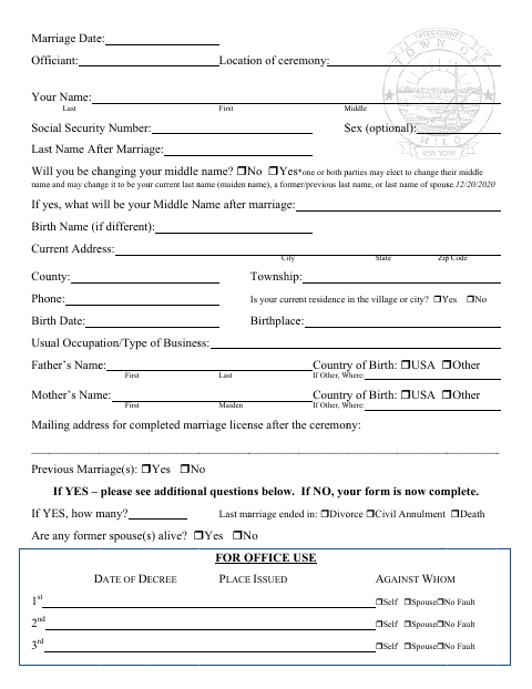 First page of the Marriage License Application