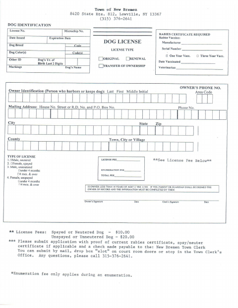First page of the Dog License Form