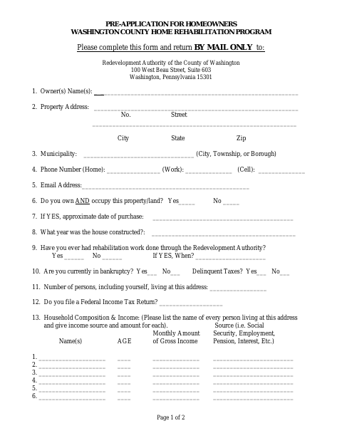 First page of the Home Rehabilitation Program Pre-Application
