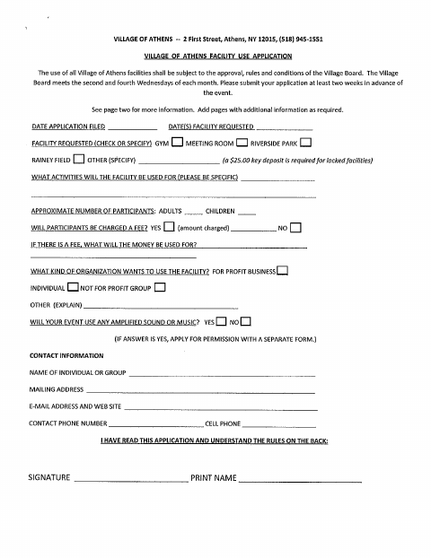 First page of the Facility Use Application