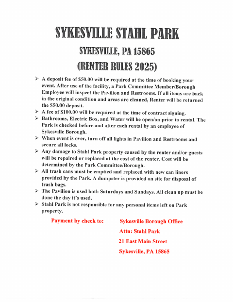 First page of the Stahl Park Rental Rules & Agreement