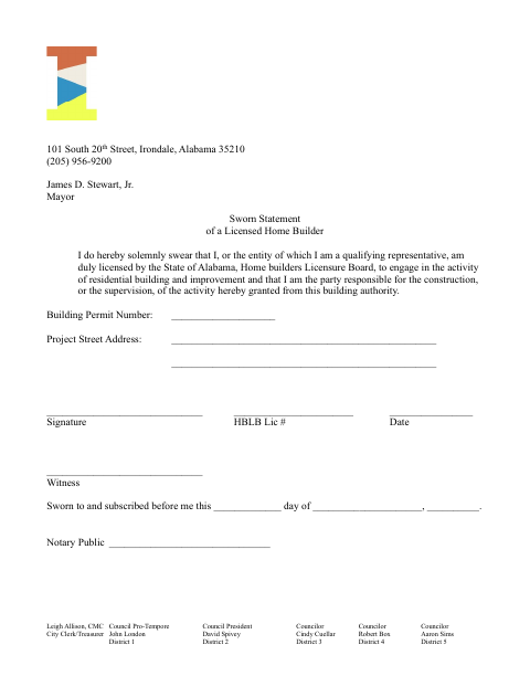 First page of the Sworn Statement of a Licensed Home Builder