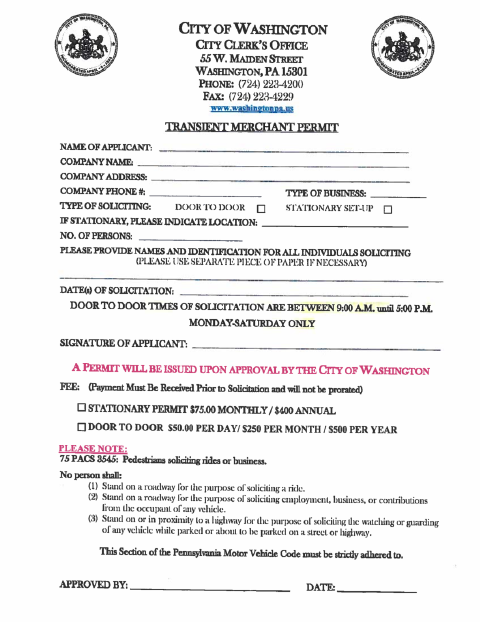First page of the Transient Merchant Application