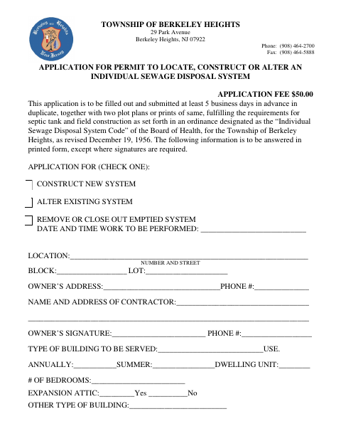 First page of the Application for Permit to Locate, Construct or Alter an Individual Sewage Disposal System