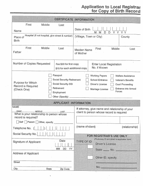First page of the Application for Copy of Birth Record