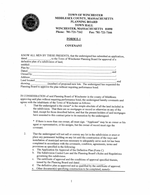 First page of the Subdivision Covenant Form E-1