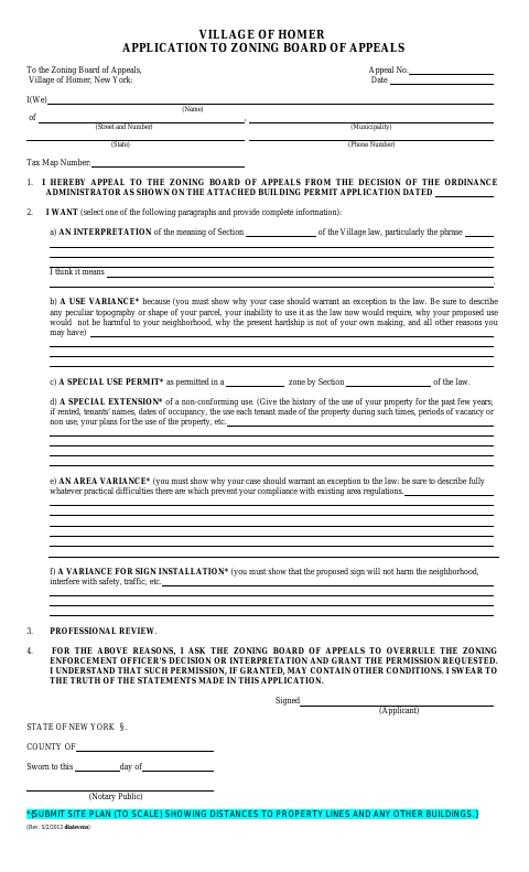 First page of the Zoning Board Of Appeals Application