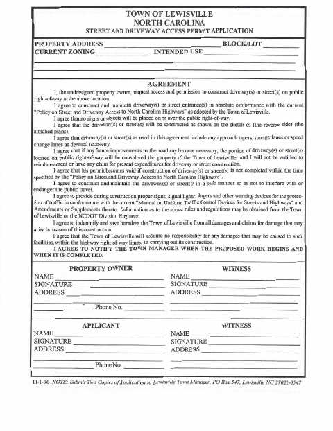 First page of the Street and Driveway Access Permit Application