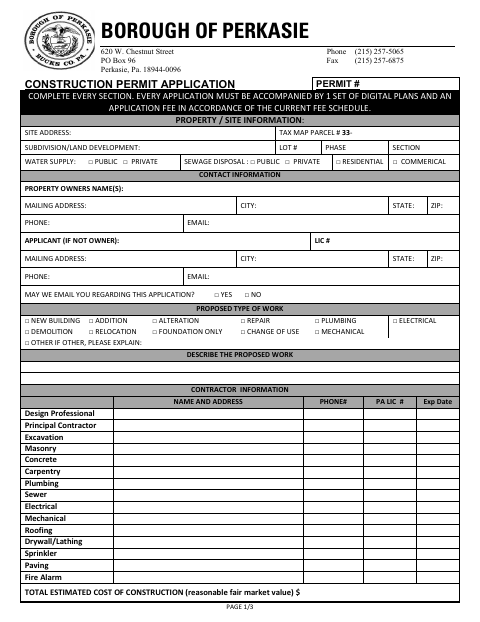 First page of the Construction Permit Application
