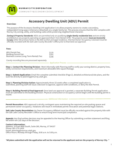 First page of the Accessory Dwelling Unit Permit Application