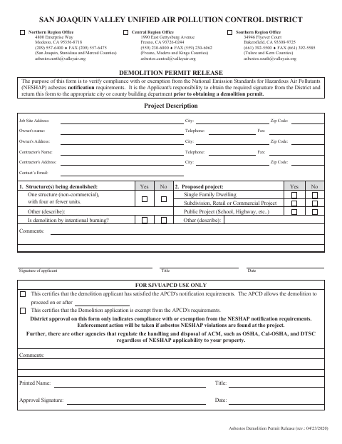 First page of the Demolition Permit Release