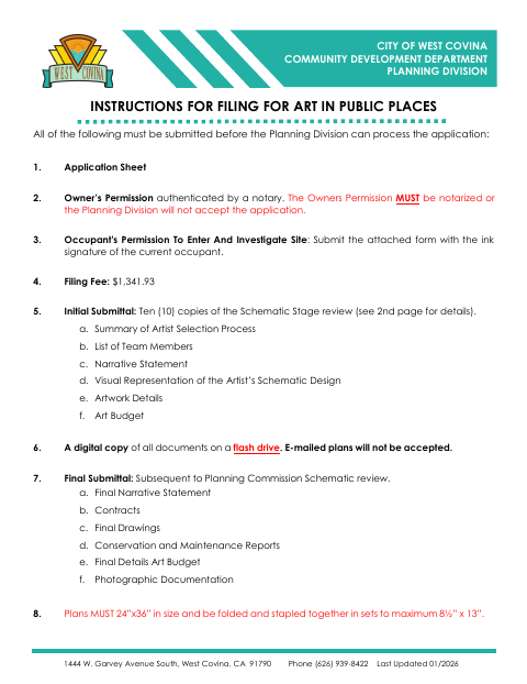 First page of the Art in Public Places Application