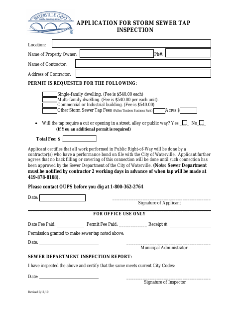 First page of the Application for Storm Sewer Tap Inspection