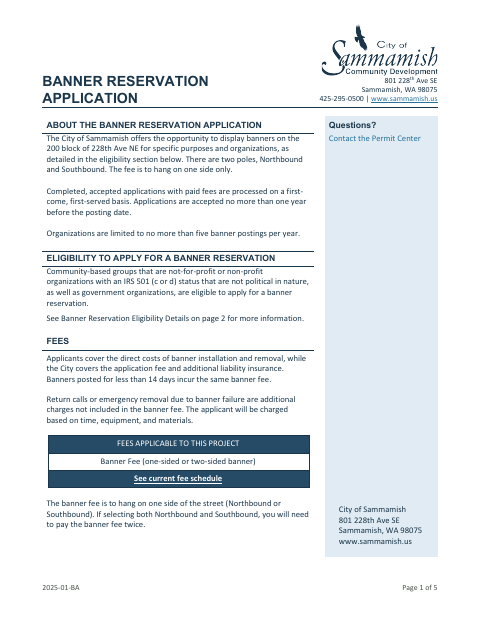 First page of the Banner Reservation Application
