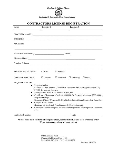 First page of the Contractors License Registration