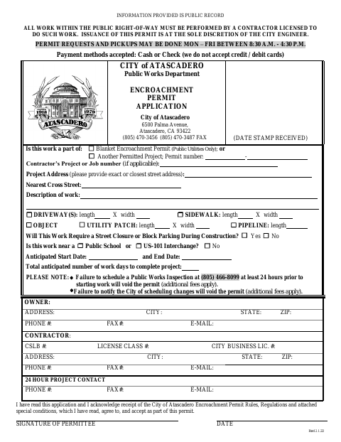 First page of the Encroachment Permit Application