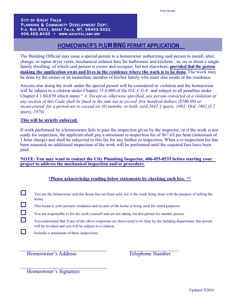 First page of the Homeowner's Plumbing Permit Application