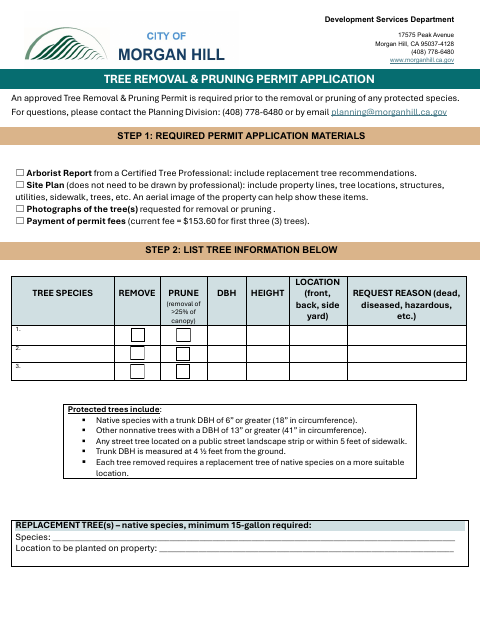 First page of the Tree Removal & Pruning Permit Application