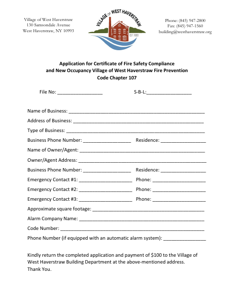 First page of the Application for Certificate of Fire Safety Compliance and New Occupancy