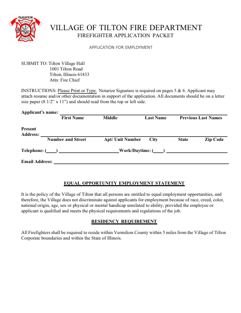 First page of the Firefighter Application Packet