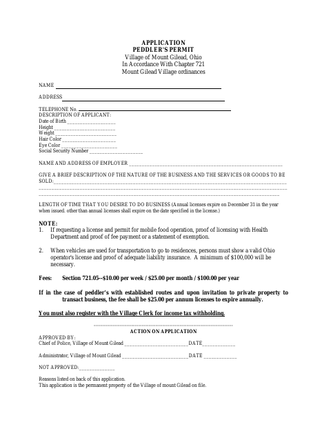 First page of the Peddler's Permit Application