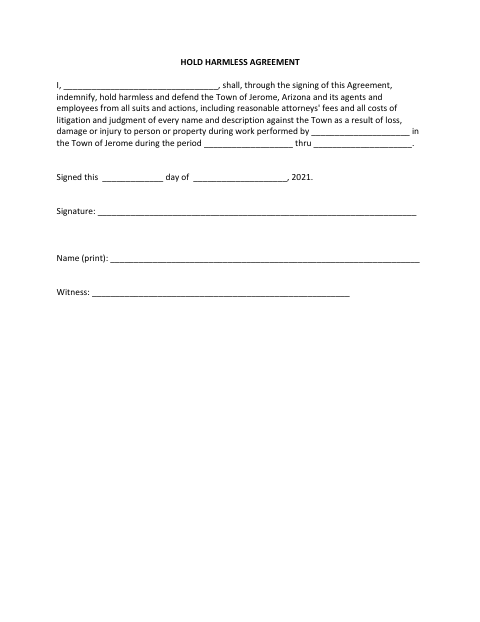 First page of the Hold Harmless Agreement