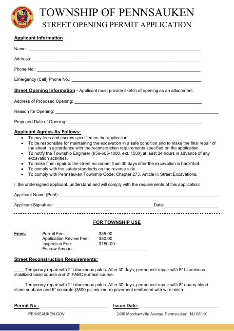 First page of the Street Opening Permit Application