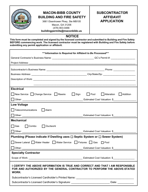 First page of the Subcontractor Building and Fire Safety Affidavit