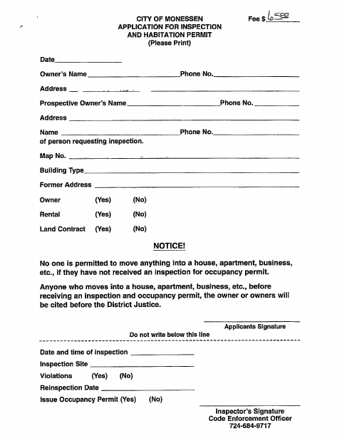First page of the Application for Inspection and Habitation Permit