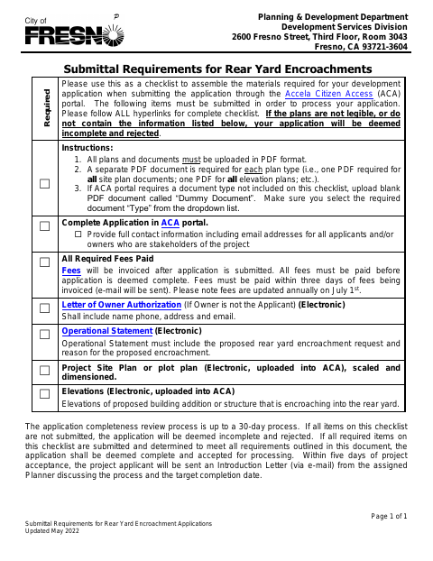 First page of the Submittal Requirements for Rear Yard Encroachment Applications