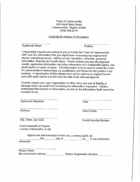 First page of the Authority for Release of Information
