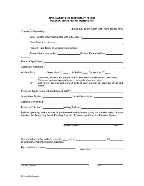 First page of the Application for Temporary Permit Pending Transfer of Ownership