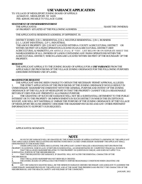 First page of the Use Variance Application