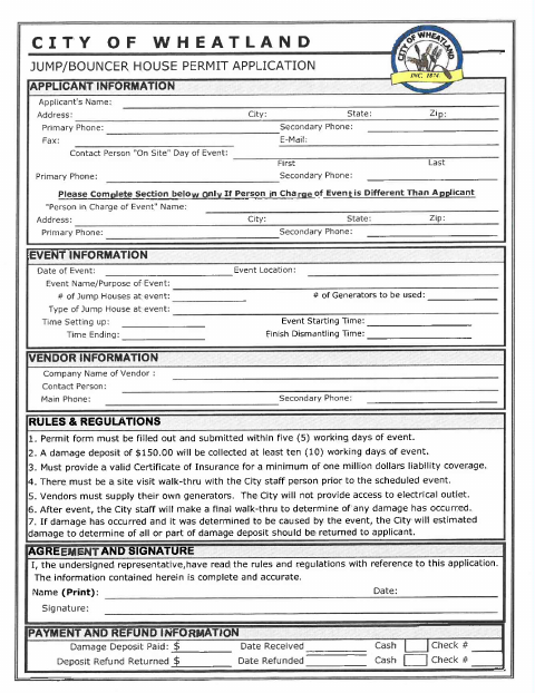 First page of the Jumper-Bouncer House Permit Application