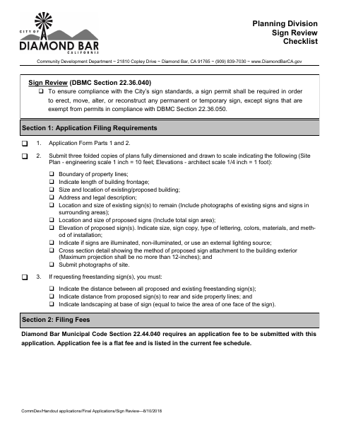 First page of the Sign Review Checklist