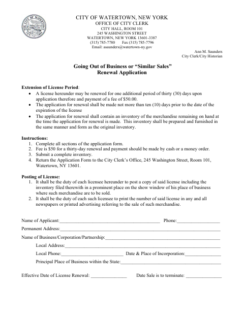 First page of the Going Out of Business or Similar Sales Renewal Application