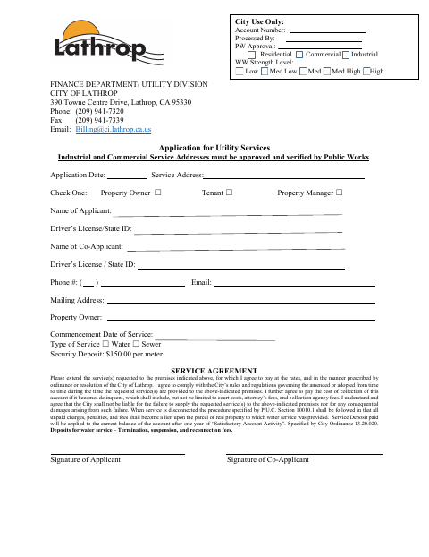 First page of the Application for Utility Services