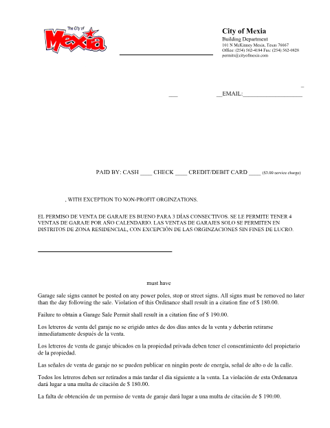 First page of the Garage Sale Permit Application