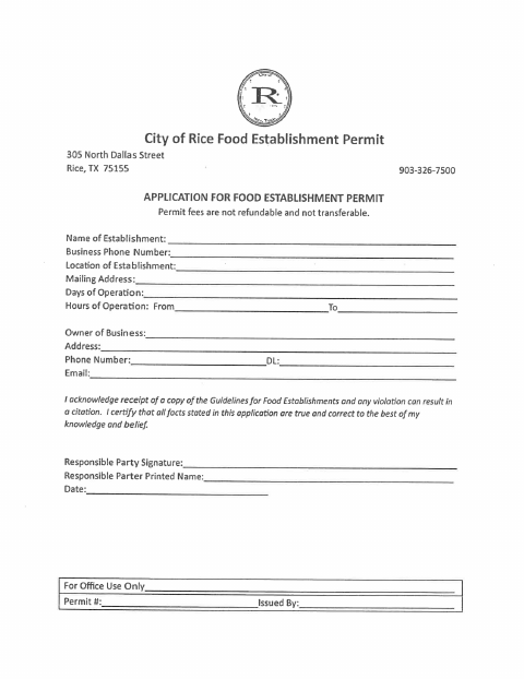 First page of the Food Establishment Permit