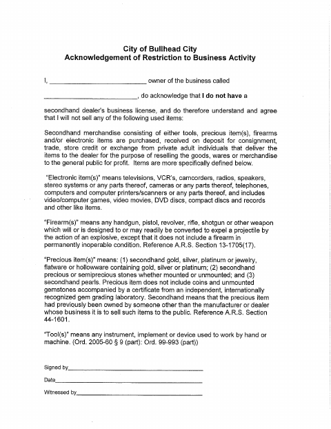First page of the Thrift Store Acknowledgement of Restriction