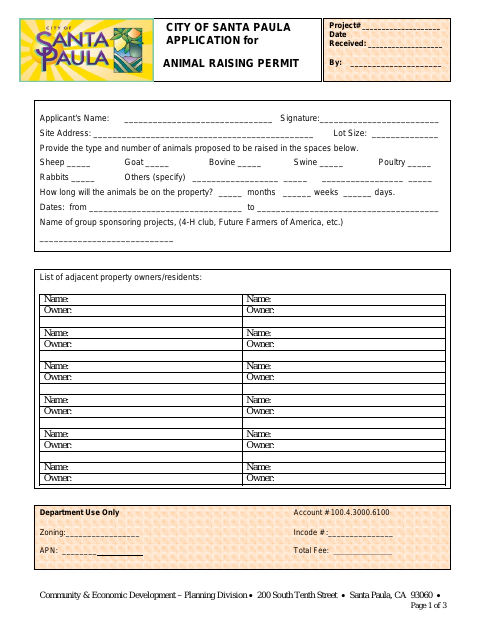 First page of the Animal Raising Permit Application