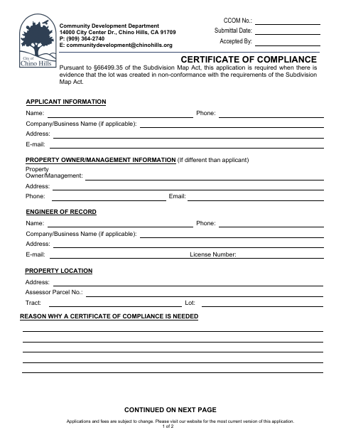 First page of the Certificate of Compliance